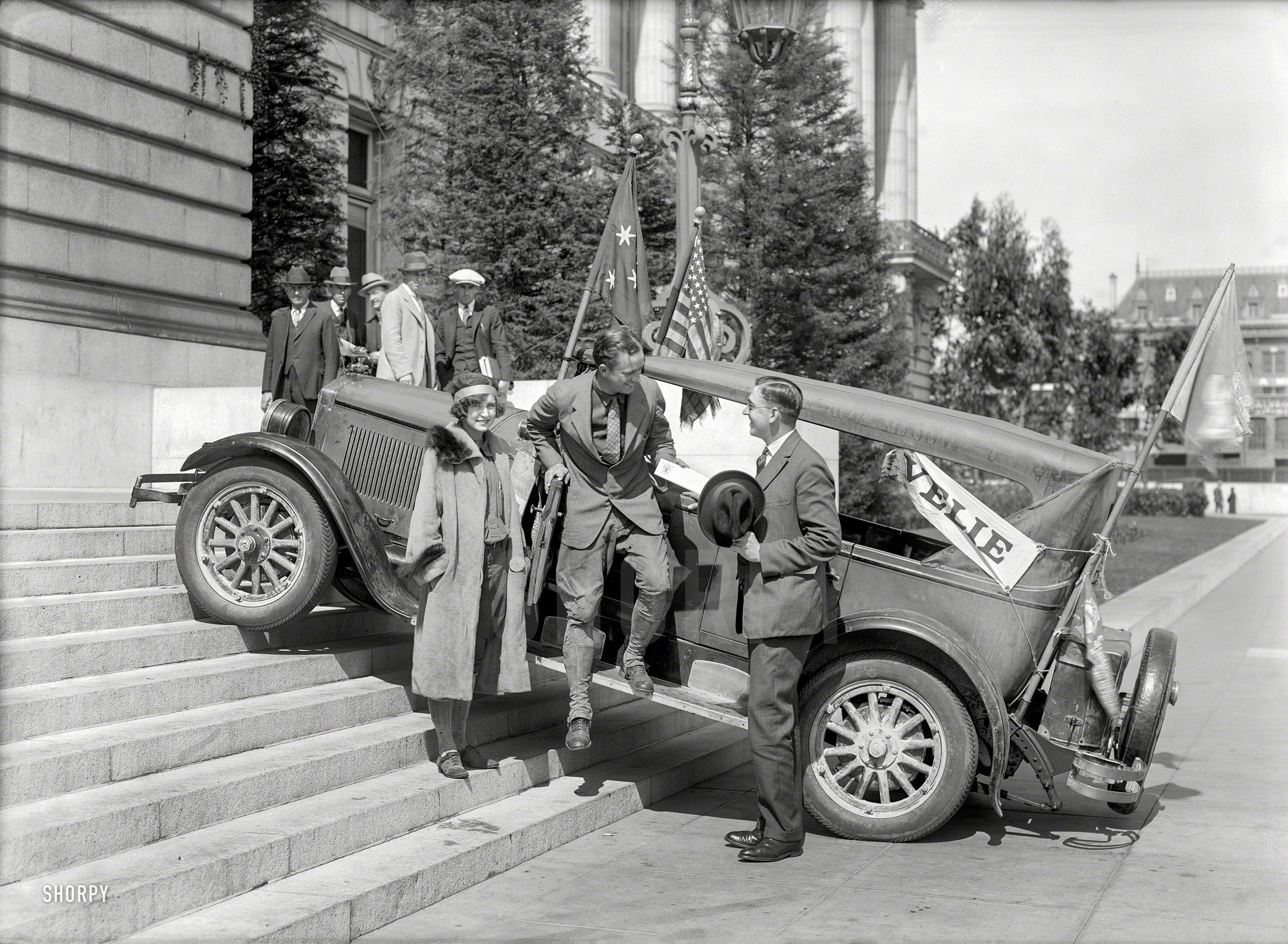 San Francisco circa 1925. "Velie touring car ascending steps." As well as promoting the Philadelphia Sesquicentennial of 1926. 5x7 glass negative. View full size.