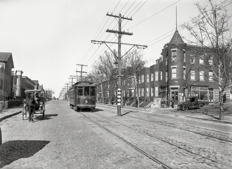 Washington, D.C., circa 1921, looking up Georgia Avenue at Howard Place, and Jacob Katzen's grocery, dealer in Velvet Kind ice cream and Whistle. Another Harris &amp; Ewing glass negative from the "traffic" series. View full size.
