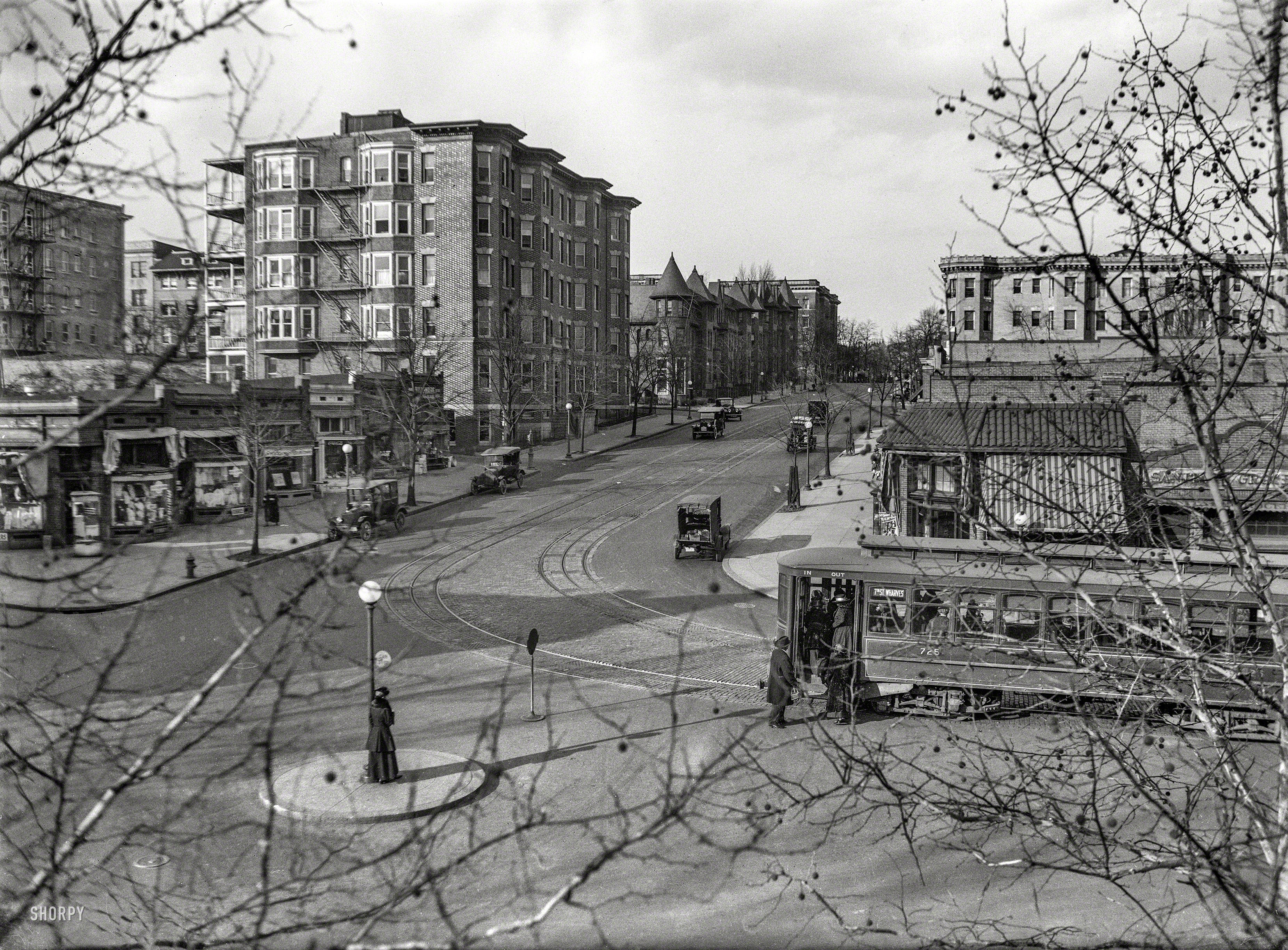 &nbsp; &nbsp; &nbsp; &nbsp; UPDATE: The intersection is 18th and U streets NW, on the edge of Adams-Morgan.
Washington, D.C., circa 1922. "NO CAPTION (Streetcar stop)." Our second sample from this series of traffic-related views. Who can locate the intersection? Harris & Ewing Collection glass negative. View full size.
