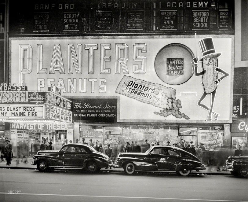 New York circa 1947. "National Peanut Corp. store on Broadway -- Mr. Peanut sign and Embassy Newsreel Theatre." Our second look at this dapper and luminous legume. 4x5 inch acetate negative by John M. Fox. View full size.
