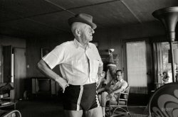 August 1968. Los Angeles. "Actor Jimmy Durante in swimsuit relaxing at home." 35mm negative from photos by Bob Lerner for the Look magazine assignment "Pinocchio Lives!" View full size.