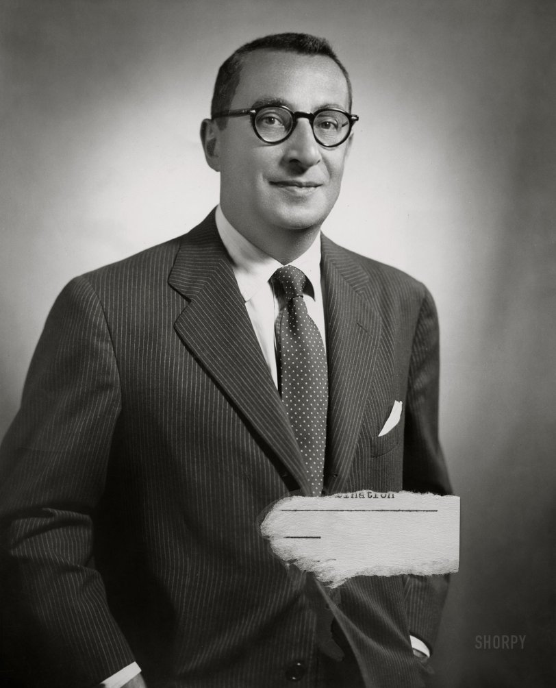 Feb. 24, 1958. "Erwin Swann, half-length portrait, standing, facing front, hands in pockets." The future Mr. of Mrs. Swann. Gelatin silver print by Jean Raeburn, New York. View full size.