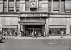 New York circa 1948. "Department stores. R.H. Macy & Co., street entrance and window displays." 4x5 acetate negative by John M. Fox. View full size.