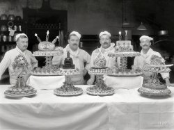 Circa 1920. "Set pieces, Arlington Hotel." Including a polar pastry snowball iced with "Cook-Peary 1909." National Photo Company glass negative. View full size.