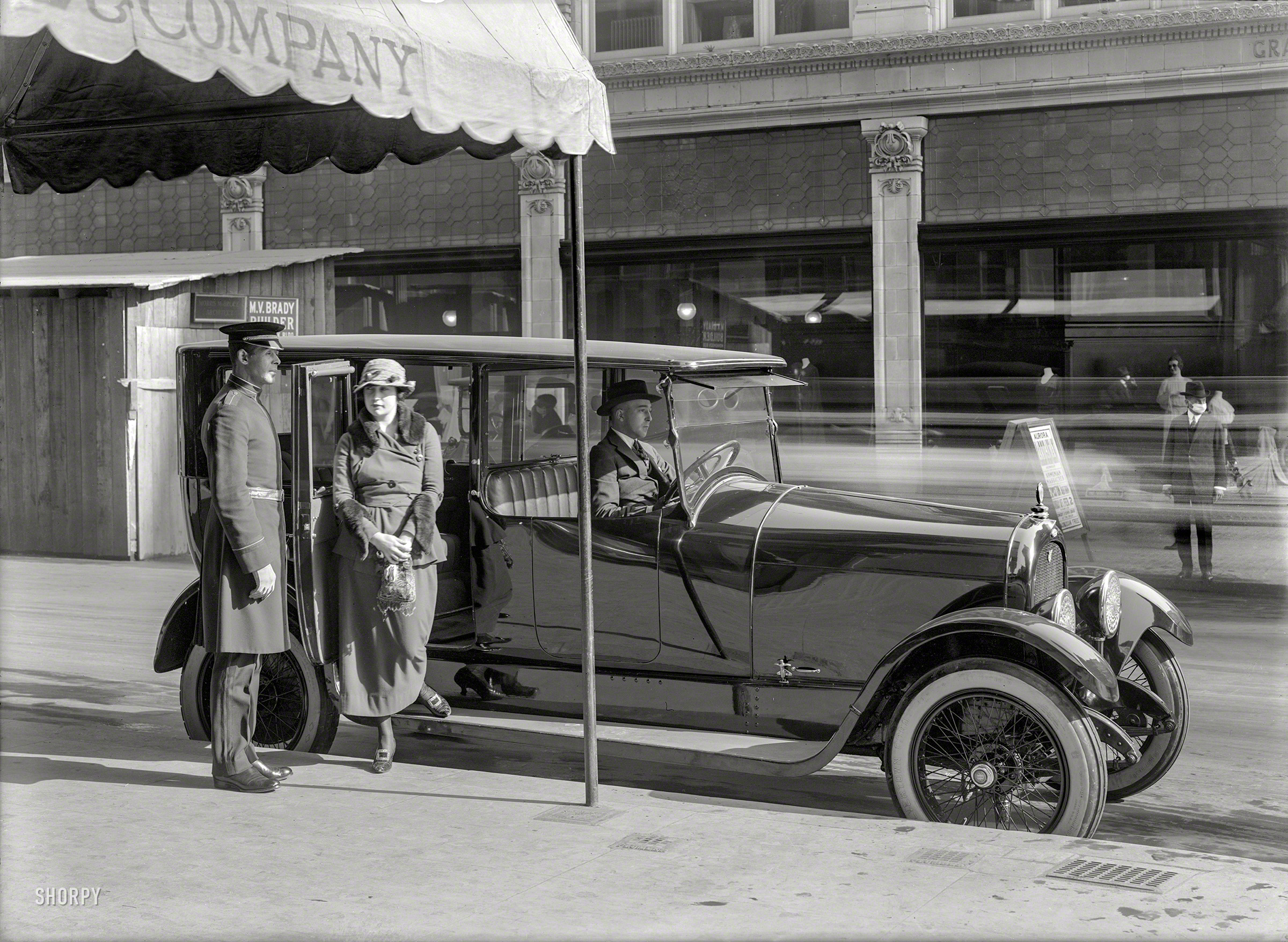 Somewhere in San Francisco circa 1919. "Woman alighting from Marmon limousine." At first this would seem to be all about the car, until we notice the pedestrian with the influenza face mask, and sign advertising what seems to be an appearance by the actress Aurora Mardiganian in connection with ARMENIAN MASSACRES. 5x7 glass negative by Christopher Helin. View full size.