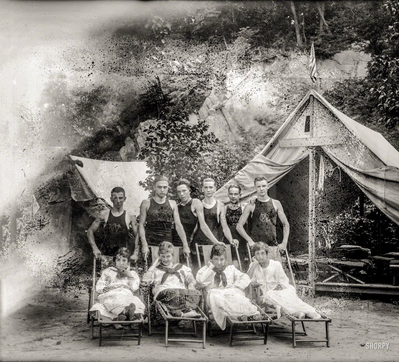 On the banks of the Potomac circa 1914. "Summer camps: G. Whiz Canoe Club." National Photo Company Collection glass negative. View full size.
