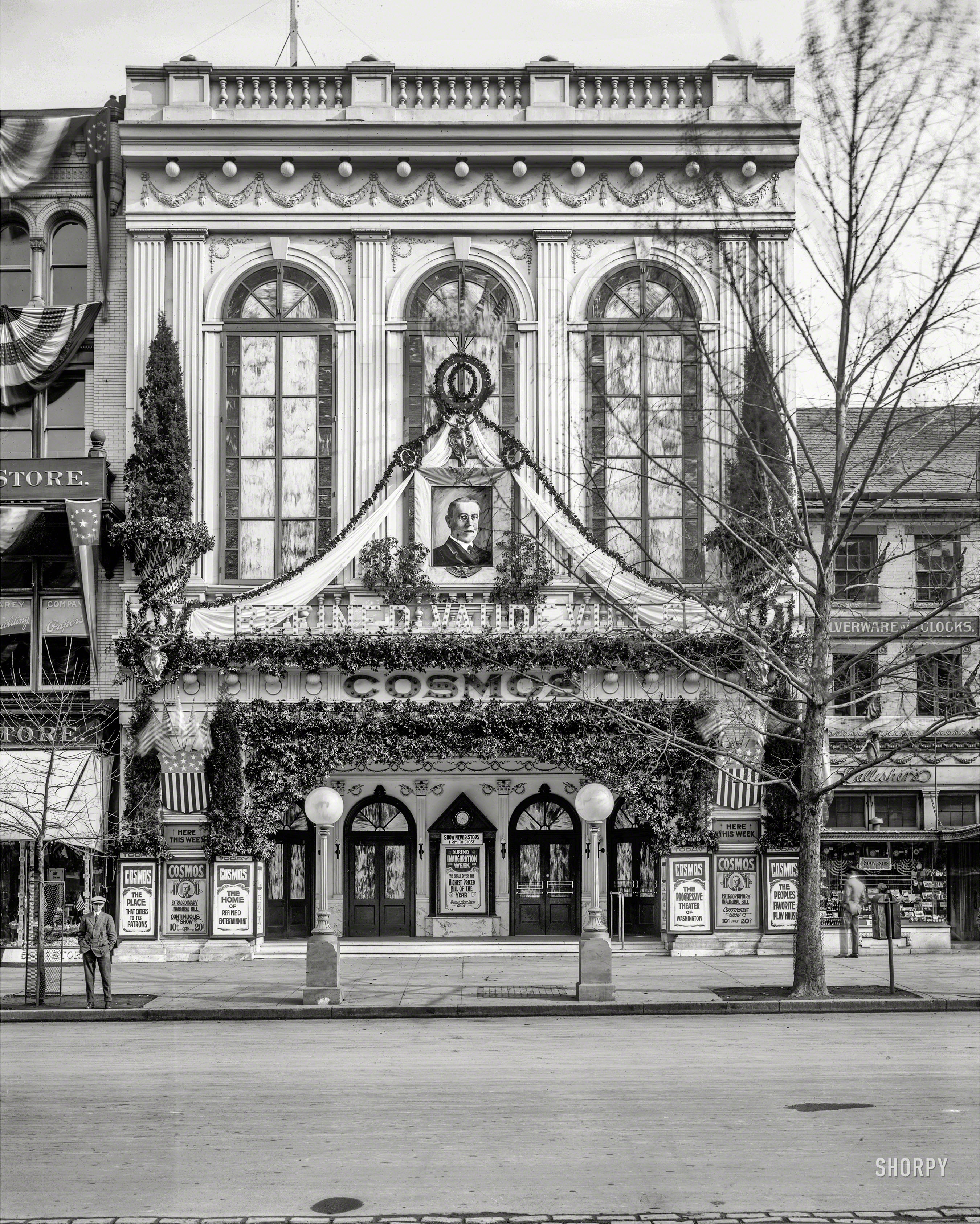 March 1917. Washington, D.C. "Cosmos Theater, Pennsylvania Avenue. Inauguration Week bill." The home of "Refined Vaudeville," with Woodrow Wilson over the marquee. 8x10 inch glass negative, National Photo Co. View full size.