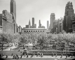 New York City circa 1948. "Bryant Park and New York Public Library from Sixth Avenue." With views of the Chrysler Building and other Manhattan landmarks waiting to be named. 4x5 inch acetate negative by John M. Fox. View full size.