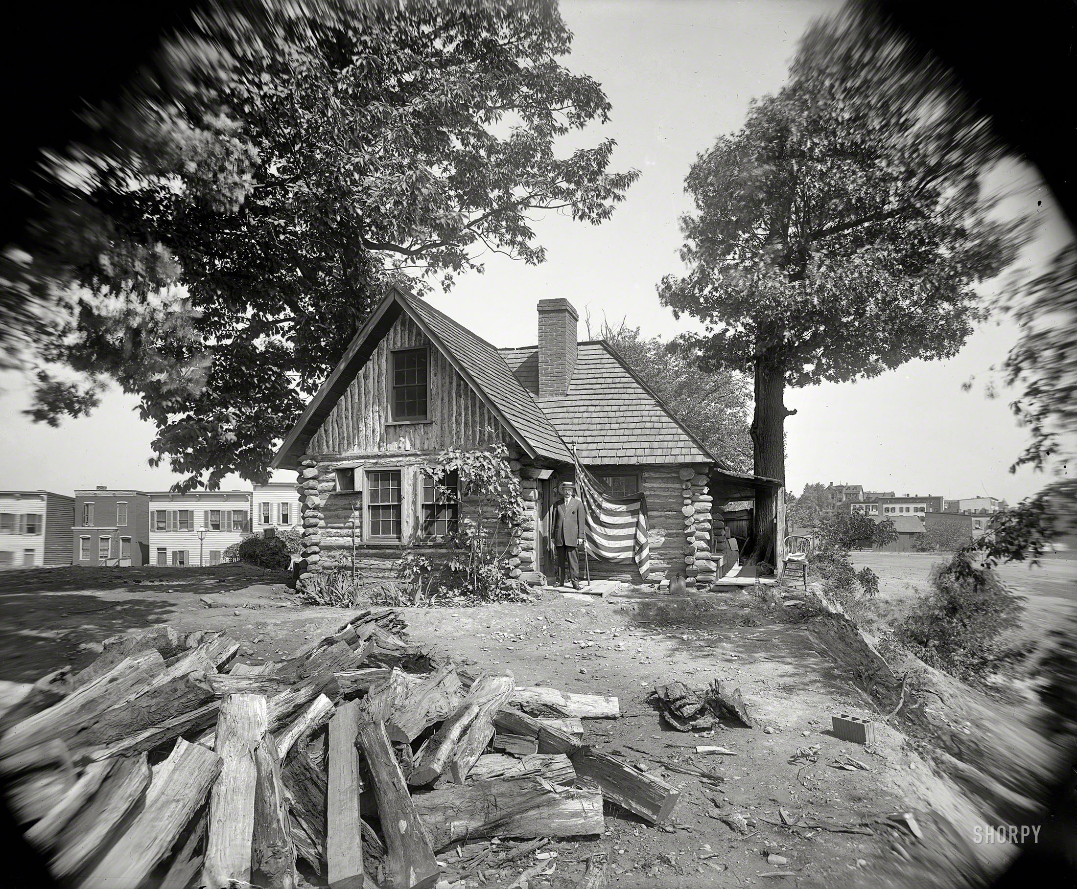 Washington, D.C., circa 1910. "Ambassador White at Poet Miller Cabin, Meridian Hill." The former home of Joaquin Miller, "Poet of the Sierras," relocated to Rock Creek Park in 1911 to make room for Henry White's mansion. View full size.