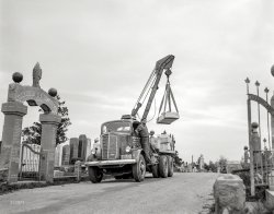 New York, 1948. "Weitzner & Papper Monuments truck at Mount Hebron Cemetery, Flushing, Queens." 4x5 negative by John M. Fox. View full size.