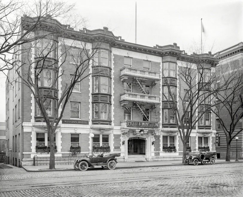 Washington, D.C., 1913. "Winston Hotel car." Parked, it would seem, in front of the Hotel Winston, First Street and Pennsylvania Avenue N.W. View full size.
