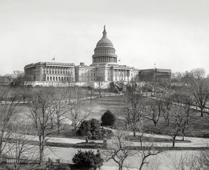 Washington, D.C., circa 1921. "U.S. Capitol, West Front." Senate chamber on the left; House of Representatives on the right. 8x10 glass negative. View full size.
