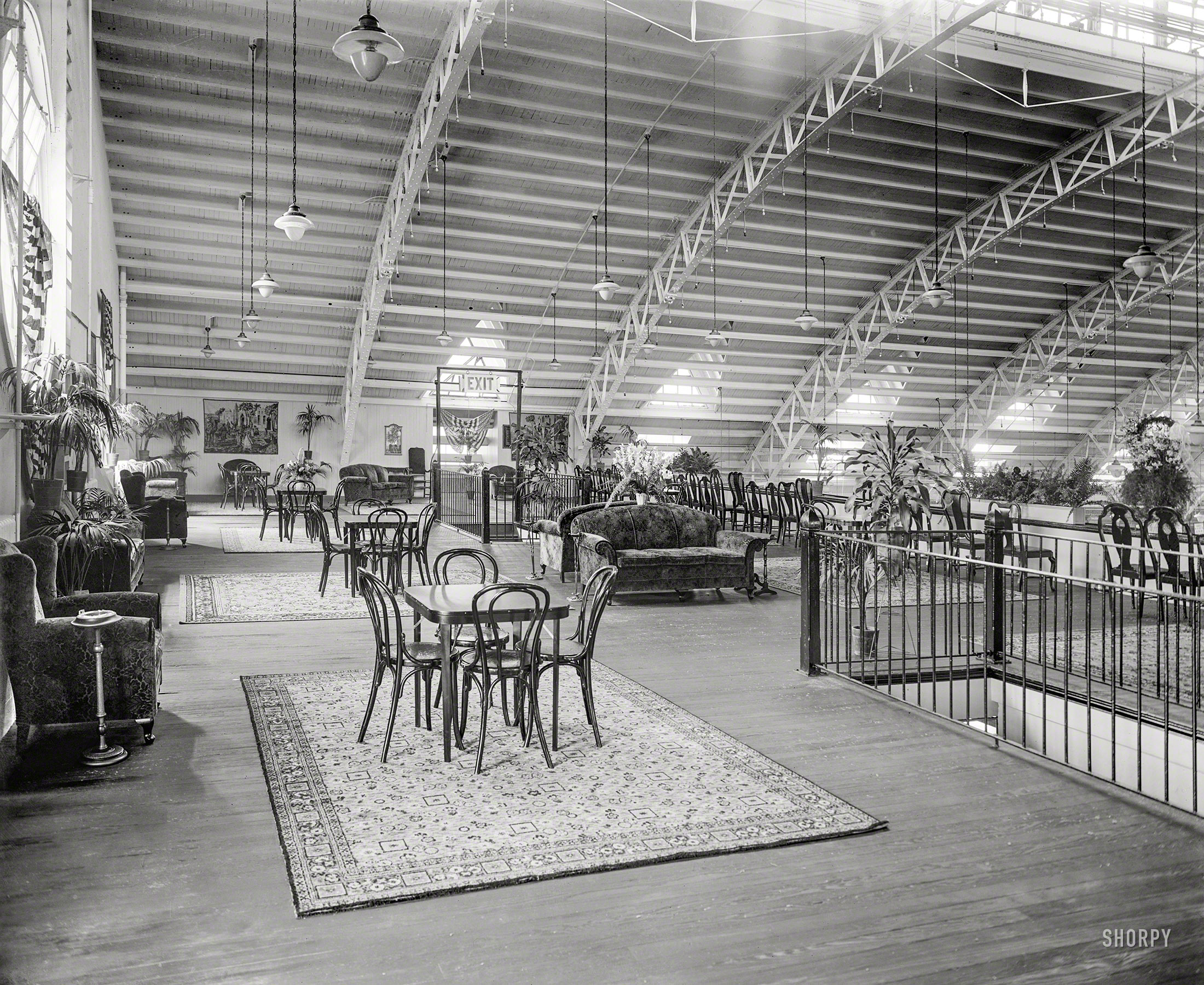 1925. "Convention Hall bowling alleys, lobby." Mezzanine of a long-vanished Washington D.C. landmark, the old Liberty Market at Fifth and K streets. National Photo Company Collection glass negative. View full size.