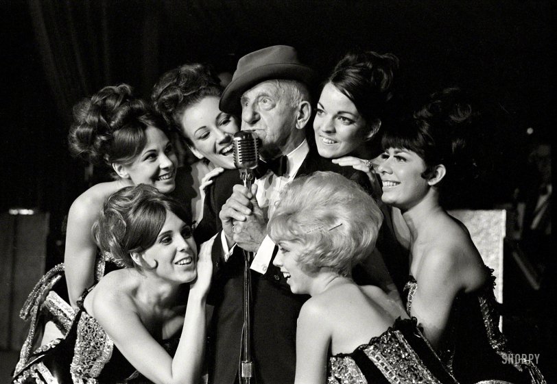 October 1968. "Entertainer Jimmy Durante performing nightclub act with showgirls." 35mm negative from photos by Bob Lerner for the Look magazine assignment "Pinocchio Lives!" View full size.
