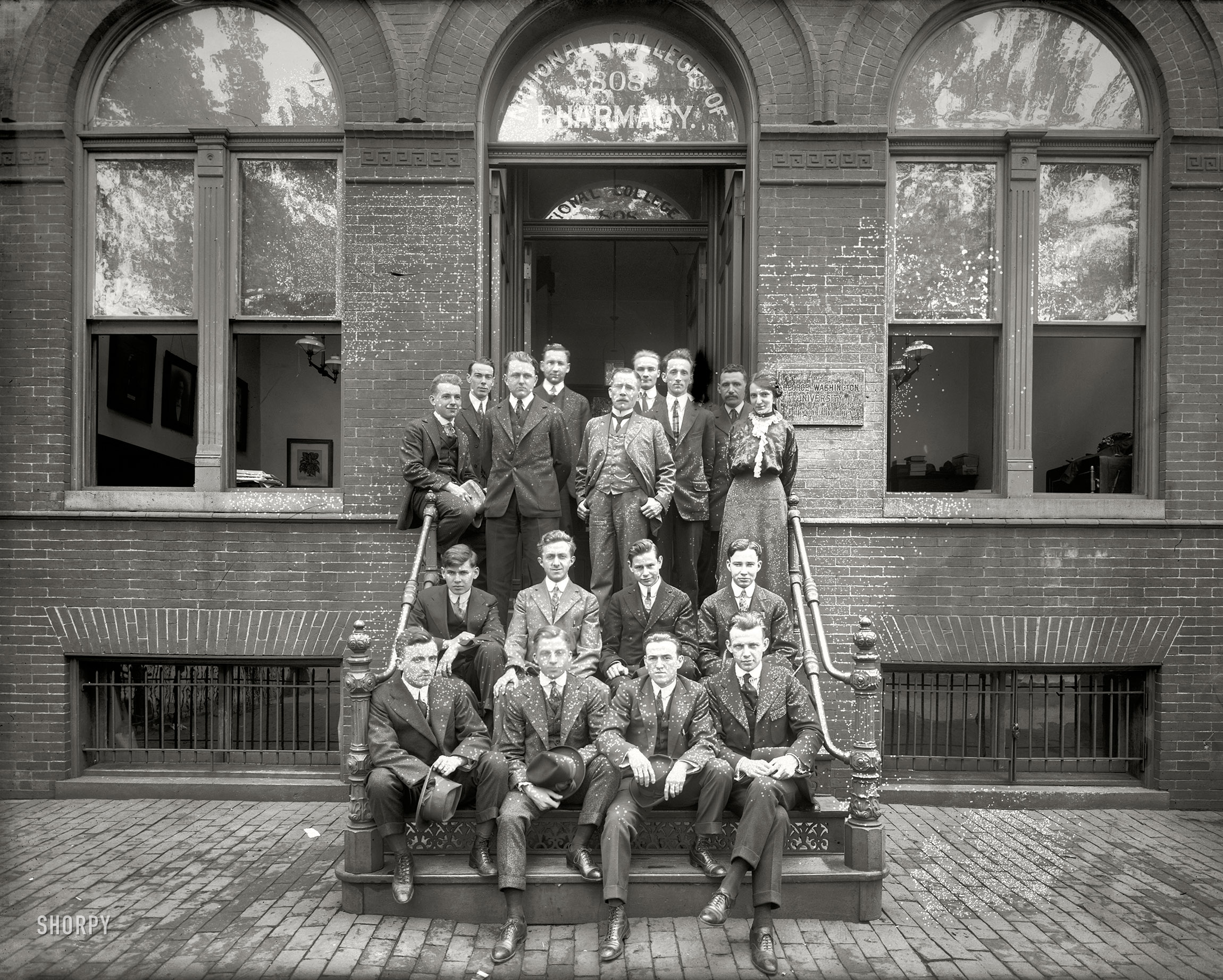 Washington, D.C., circa 1924. "National College of Pharmacy group -- George Washington University." National Photo Company glass negative. View full size.