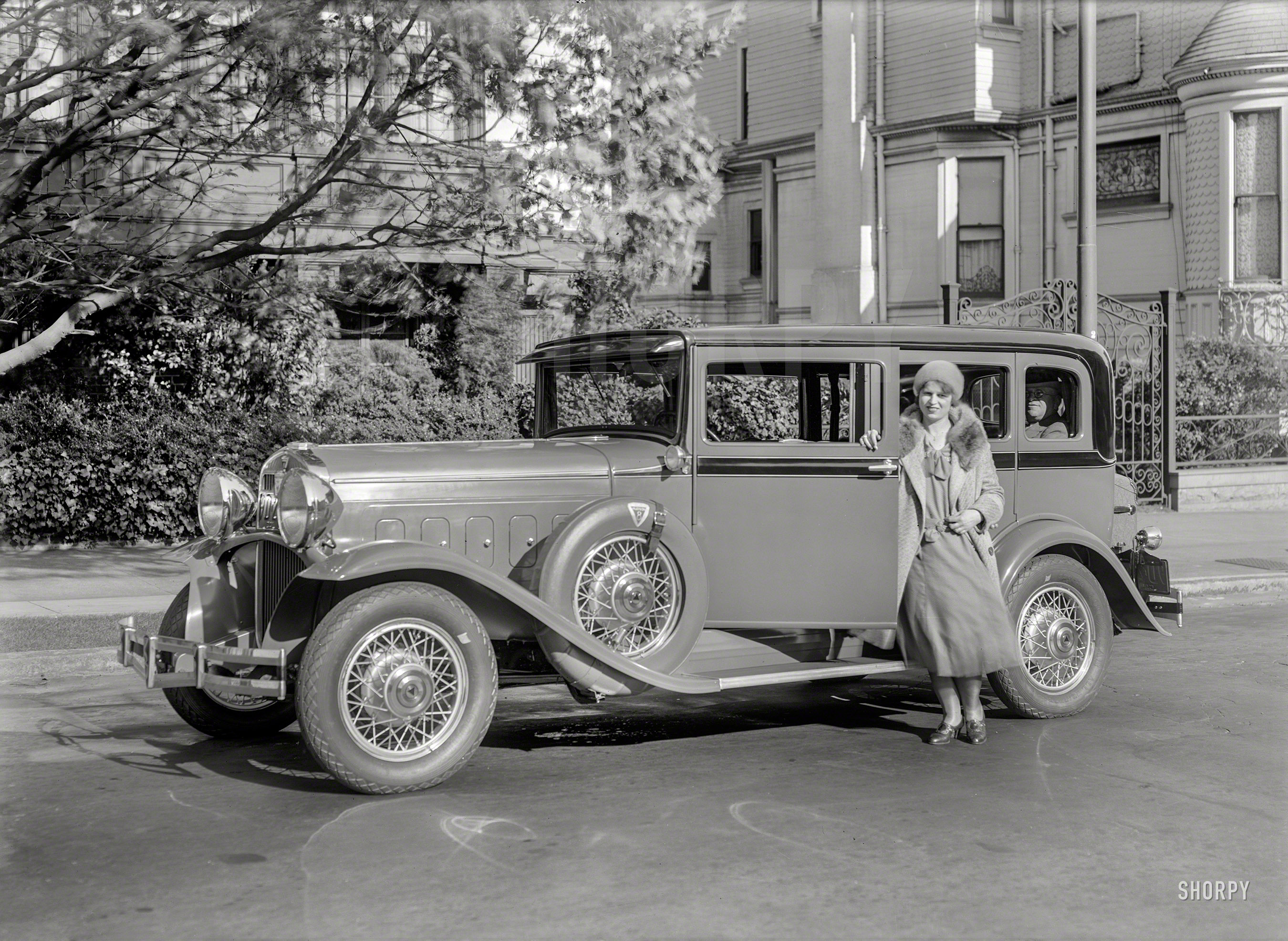 San Francisco circa 1930. "Hudson 8 sedan." Sidemount spare, shiny stockings optional at extra cost. 5x7 glass negative by Christopher Helin. View full size.
