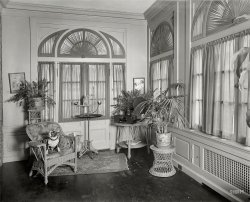 Washington, D.C., circa 1926. "Home of Mary Roberts Rinehart," prolific writer of mysteries. A room last glimpsed here. 8x10 inch glass negative. View full size.
ElectronicsWhat is the device sitting on the wicker table?  I'm guessing it's some kind of radio.
[It is. -tterrace]
Again with the filthy floorsI can understand, maybe, filthy floors in banks and factories in the early part of the 20th century that I see in Shorpy photos, but in the private homes of the well-to-do? Didn't even successful mystery writers have maids?
The RadioAn Atwater-Kent Model 30 (or thereabouts).
Great title, Dave.Even though he's sitting stage right, the pooch's name just has to be Zach.  The parrot could have any of 30-plus names.
But does it work?Right on with the identification of the Atwater Kent model 30 however, since this model is a battery operated set, where are all the wires leading to and fro? Usually the batteries would be located below and close to the receiver. We had the room with the lower shelf to do the job, but no batteries.
Atwater Kent, in it's advertising campaigns, would use the houses of famous people of the era to advertise their radios and place their product in an ideal room just to give you an idea of how well it would look in your abode. (bird not included)
By the way, notice the radio horn just to the left of the radio. That's a Model L design.
Don&#039;t look at me!The parrot made the mess on the floor. I'm innocent!!
What is The round device behind the radio, a dish antenna?
[A loudspeaker. - Dave]
She earned itMary Roberts Rinehart was a deservedly successful mystery writer. And her work has held up over the years and her books are still worth reading.
Hidden batteries?There's a coiled wire hanging behind the table that seems to lead into the grilled space under the window sill. Given that there are doors several places on this lower wall, it could well be that the batteries are hidden behind the grill work.
Atwater-Kent promo photoThis is an A-K promotional photo, the receiving set and speaker horn are not connected for operation. Notice that the radio and horn are the only new and clean items in the entire room! A-K staged their radio sets in the formal rooms of famous persons' homes to demonstrate that they were designed more like furniture than appliances. They never could conceal the messy batteries, wires and antenna connections, so these were simply omitted from the promo. 
Cosmopolitan MagazineThat appears to be the June 1925 issue on the shelf below the radio.
(The Gallery, D.C., Dogs, Natl Photo)