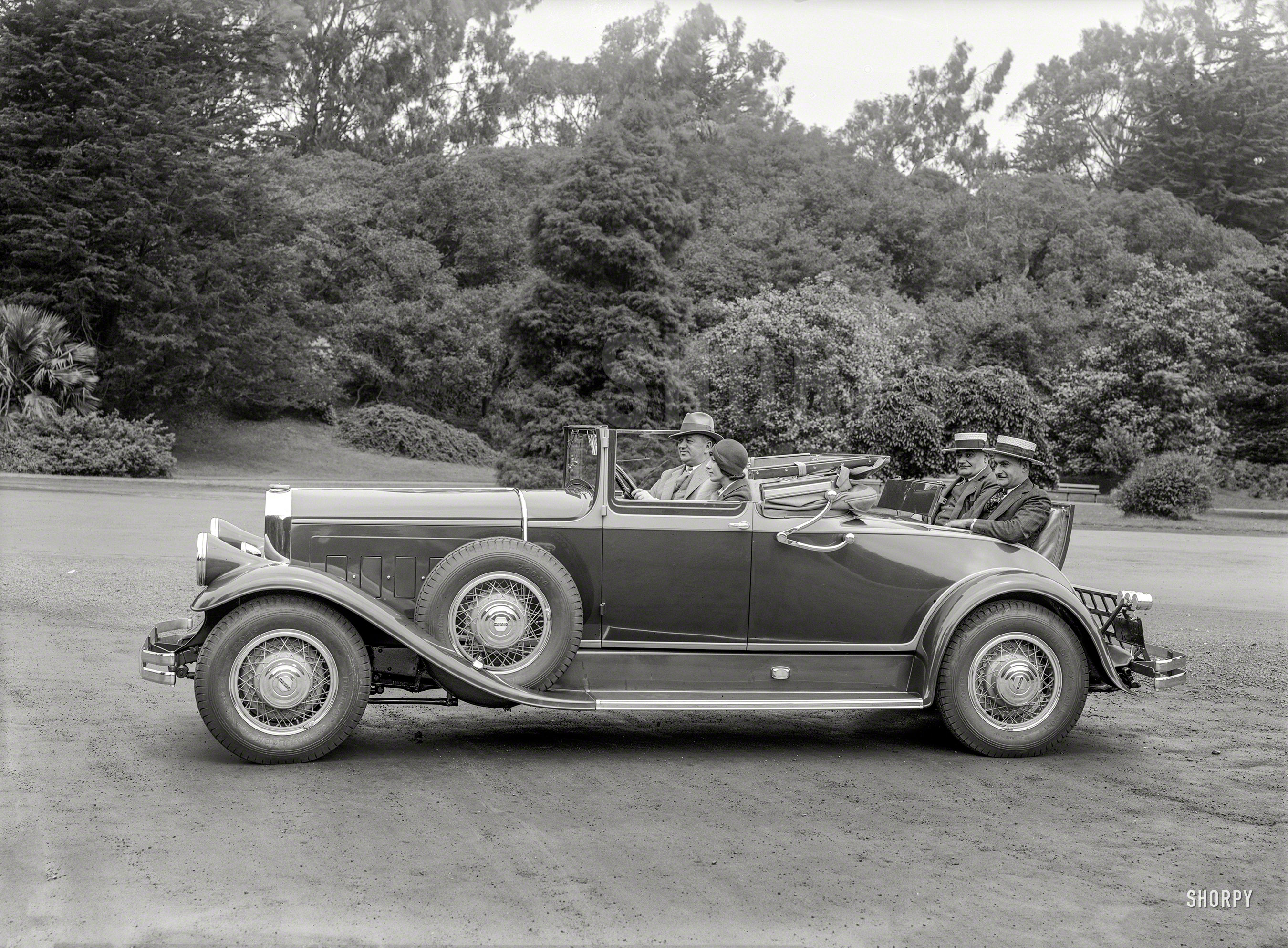 San Francisco, 1929. "Pierce-Arrow convertible coupe in Golden Gate Park." Ready to rumble. 5x7 glass negative by Christopher Helin. View full size.