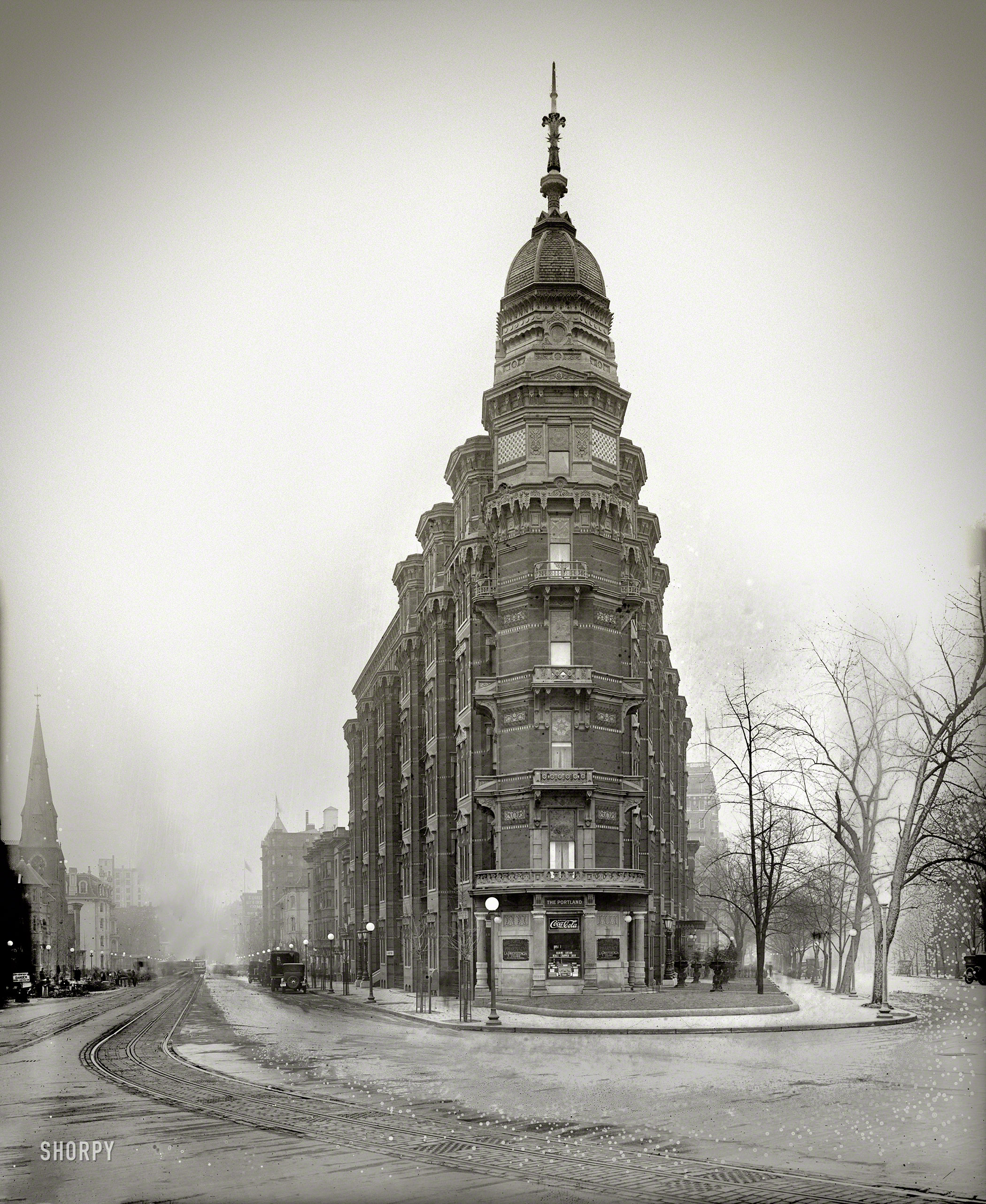 Washington, D.C., circa 1917. "Portland Apartments, 14th Street & Thomas Circle." Mold on the emulsion lends an eerie aura to this already spooky-looking structure (also seen here). National Photo Company Collection glass negative. View full size.