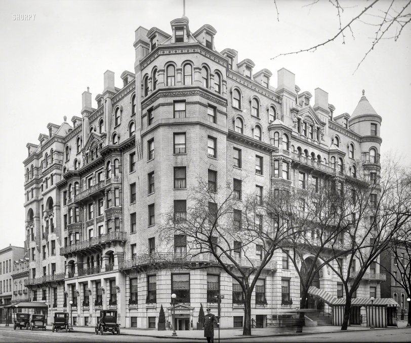 Washington, D.C., circa 1917. "Shoreham Hotel, 15th and H Streets N.W." This smorgasbord of architectural styles was demolished in 1929 to make way for an office building. National Photo Company glass negative. View full size.

