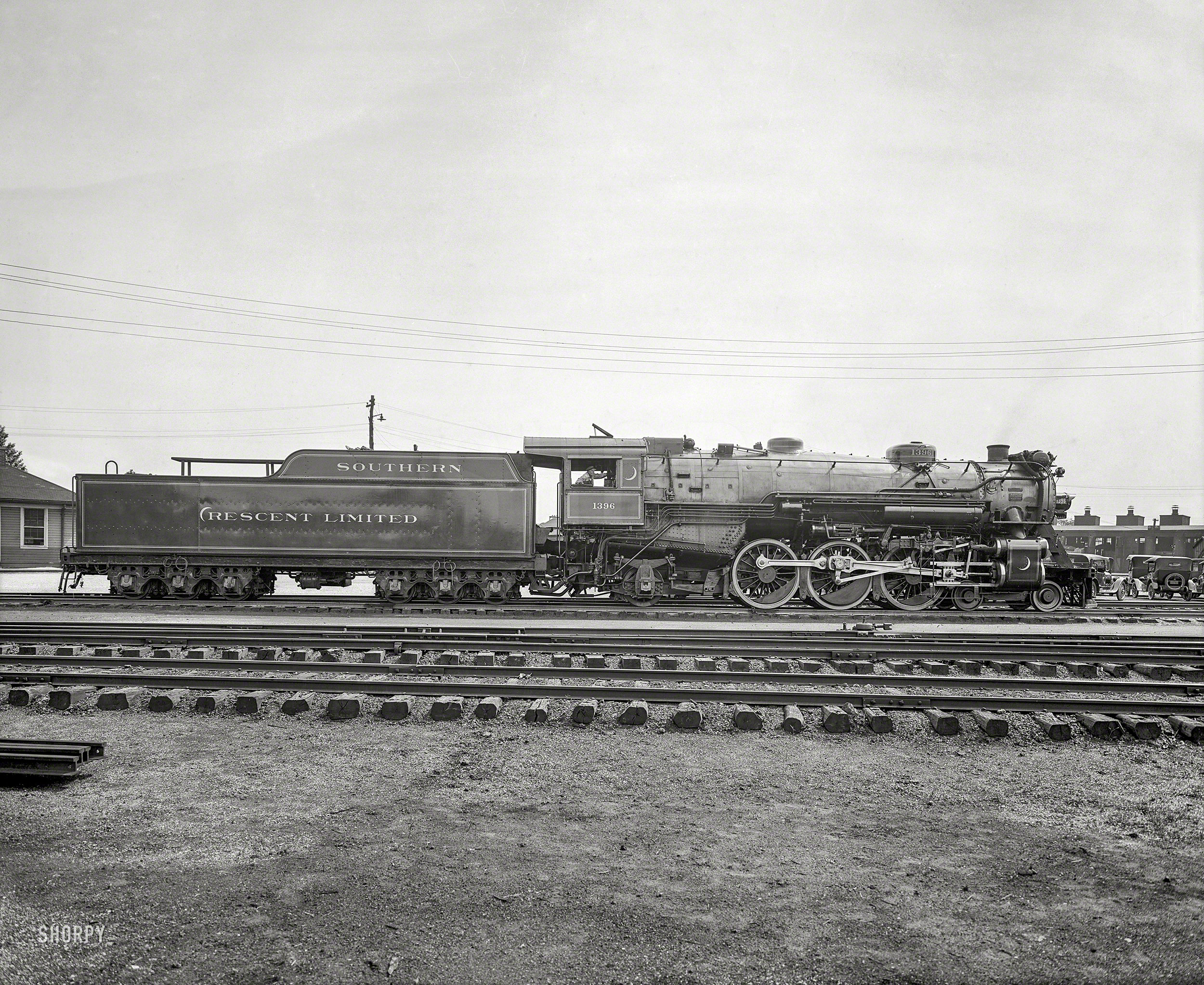 &nbsp; &nbsp; &nbsp; &nbsp; "The Crescent Limited, ace of the Southern Railway System's passenger train service between New York, Washington, Atlanta and New Orleans."
Alexandria, Virginia, circa 1926. "Southern R.R. Co. Crescent Limited locomotive." Previously seen here and here. National Photo glass negative. View full size.