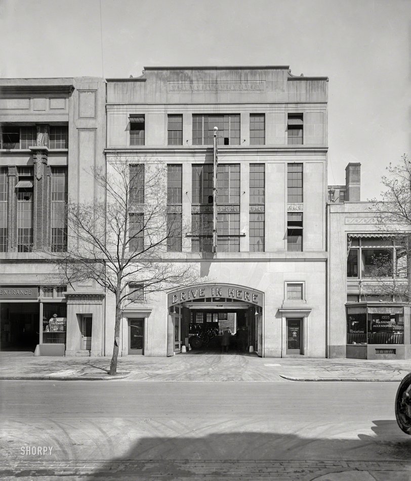 Washington, D.C., circa 1925. "L Street Garage, between 17th and 18th on L Street N.W." The garage and adjacent Washington Accessories Co. store and gas station can also be seen in these photos. National Photo Company Collection glass negative. View full size.
