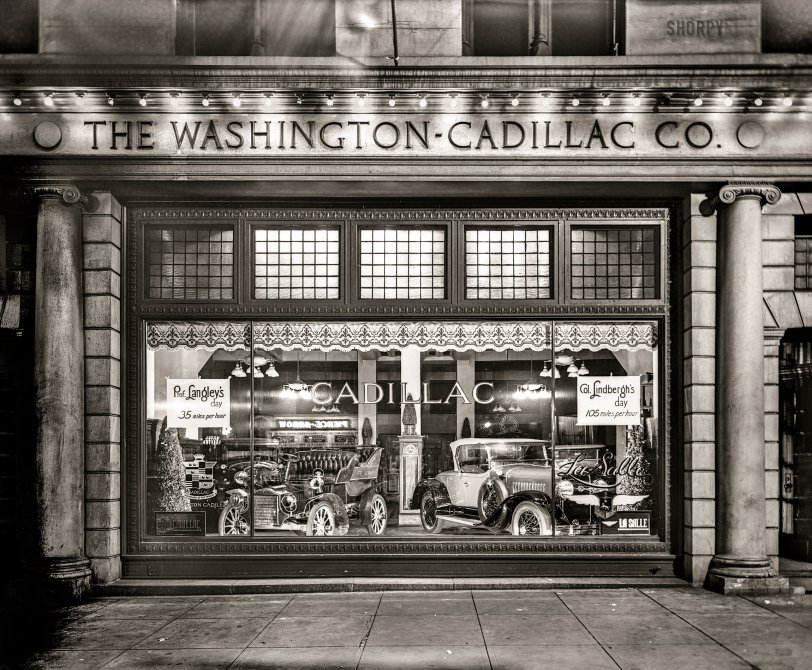 Washington, D.C., 1927. "Cadillac Motor Co. window." The Washington-Cadillac showroom on Connecticut Avenue. At left, a vintage Cadillac; at right, the new LaSalle, in the first year for Cadillac's "companion make." National Photo Company glass negative. View full size.
