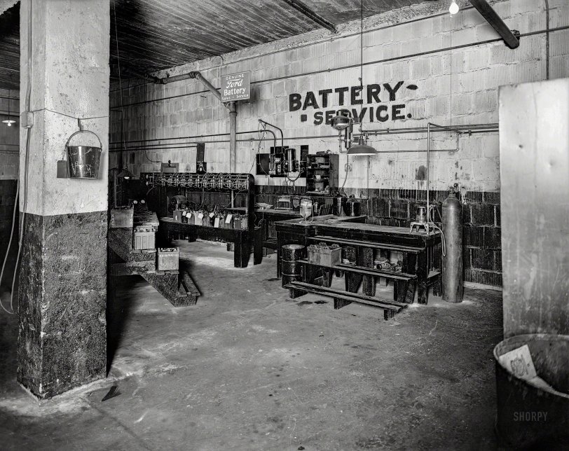 Takoma Park, Maryland, circa 1928. "Hendrick Motor Co. garage -- Battery Service." Another aspect of the establishment last seen here. 8x10 inch glass negative. View full size.
