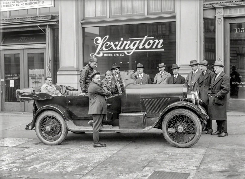 San Francisco circa 1921. "Lexington 'Minute Man Six' dealer window, Van Ness Avenue." Another of those promotional events whose significance has vanished along with the product. 5x7 glass negative by Christopher Helin. View full size.
