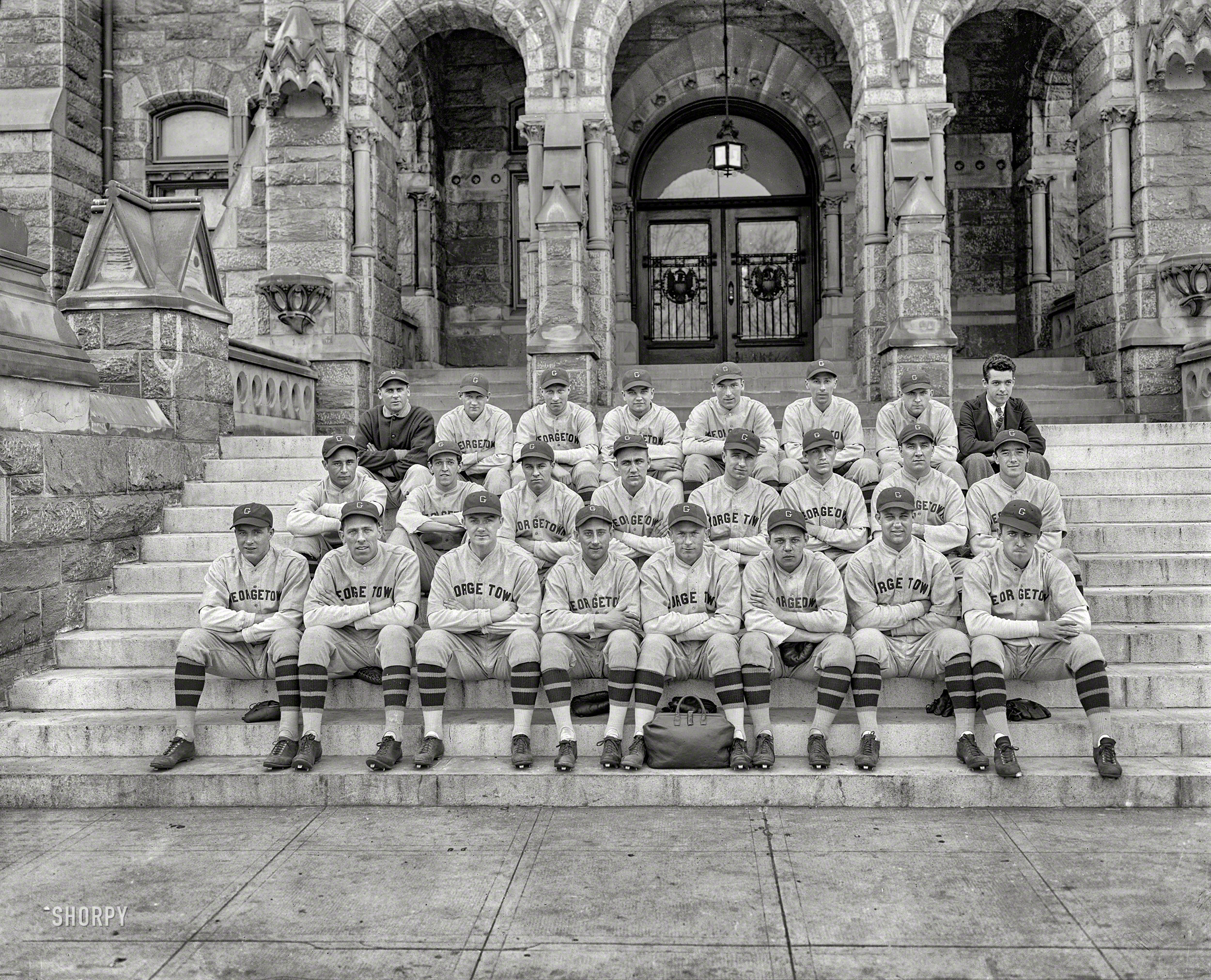 Washington, D.C. "1928 Georgetown University baseball team at Healy Hall." National Photo Company Collection glass negative. View full size.