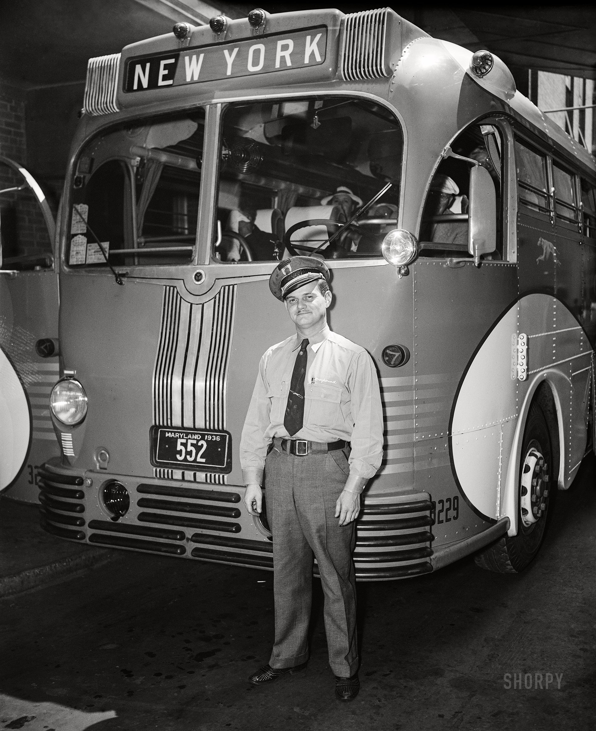 Washington, D.C., 1936. "Bus transportation -- Greyhound Lines driver at station with coach bound for New York." 4x5 inch glass negative, Harris & Ewing Collection. View full size.