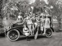 &nbsp; &nbsp; &nbsp; &nbsp; All of Washington is looking forward to the arrival of the famous Mack Sennett girls, who are due to reach this city in the near future, and who are to appear every day on the stage at one of the local theaters in conjunction with the much-heralded feature photoproduction "Yankee Doodle in Berlin." -- News item (Washington Post)
Washington, D.C., circa 1919. "Mack Sennett girls." An assortment of the theatrical impresario's "bathing beauties," last seen here. National Photo Co. View full size.