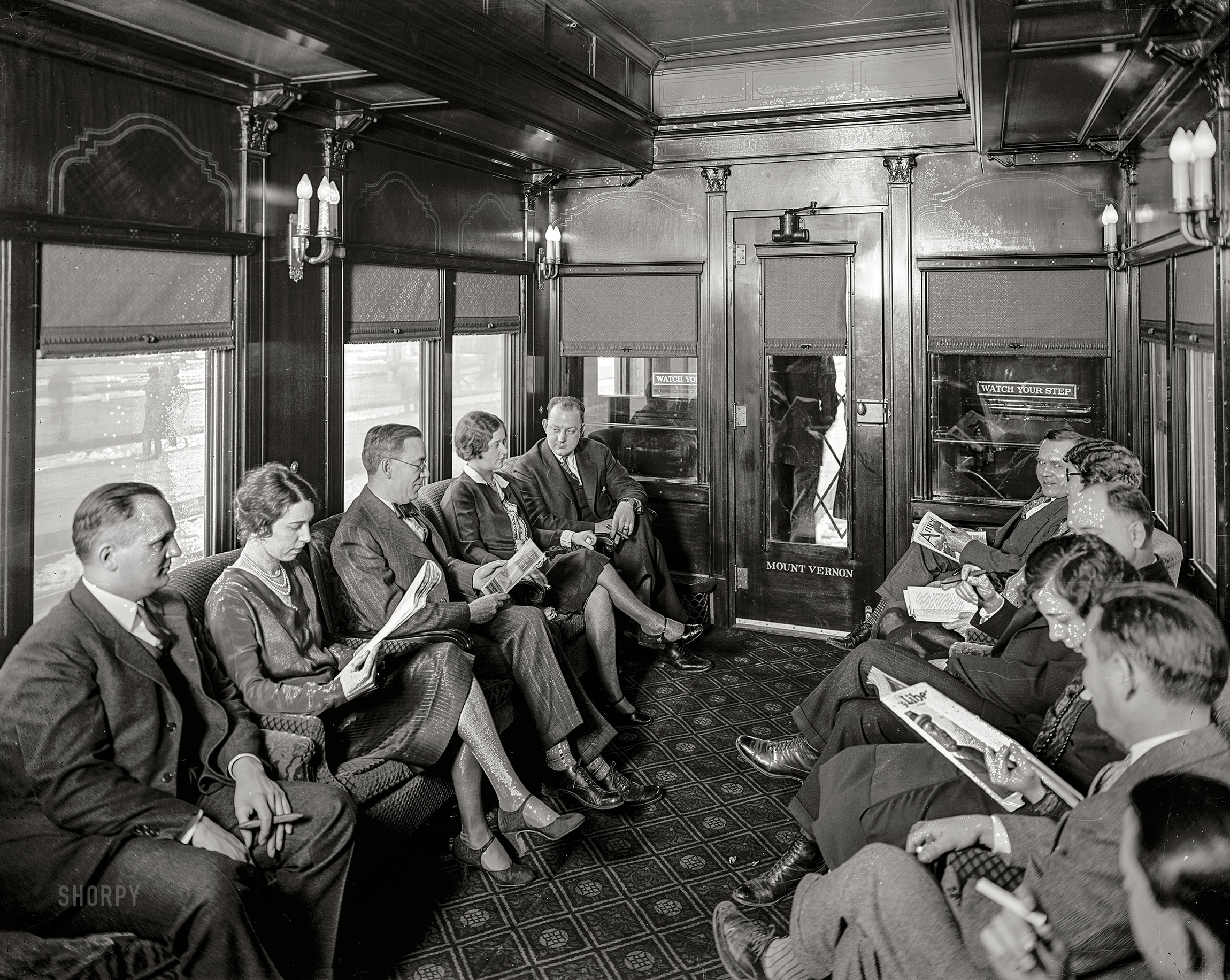 February 1928. Washington, D.C., or vicinity. "Southern Railway, interior of car." National Photo Company Collection glass negative. View full size.