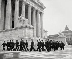 October 1, 1936. Washington, D.C. "Supreme Court guard." You may approach the bench. Then make a sharp right.  Harris & Ewing glass negative. View full size.