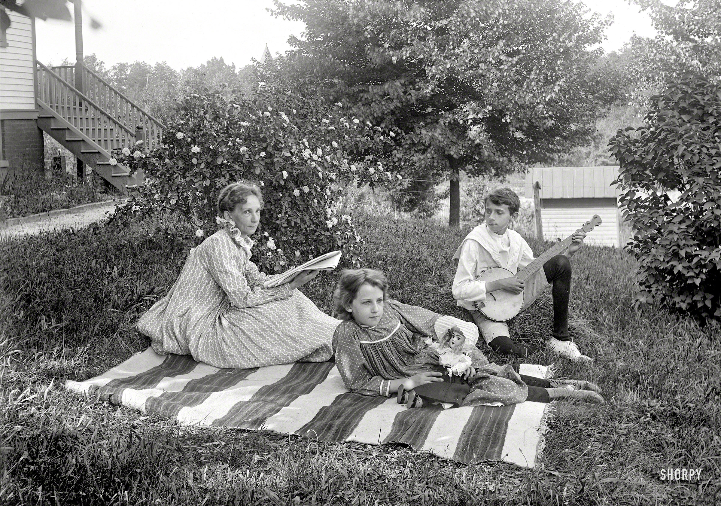 Our third visit with the Douglas family in Takoma Park, Maryland: Zilpha Minnie Childs Douglas (1859-1960) and her children Helen (1885-1987) and Willard (1887?-1960). The photographer was Edward Morehouse Douglas (1855-1932). It's interesting to note that the ladies here lived to be centenarians. View full size.