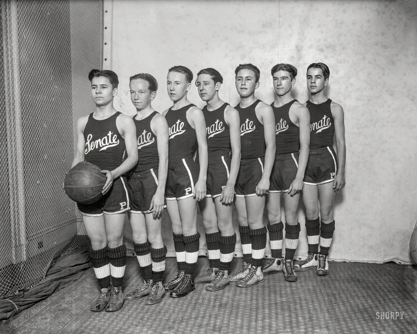 Washington, D.C., 1927. "Congressional pages -- Senate basketball." Looking forward to Tuesday's big game. Harris &amp; Ewing glass negative. View full size.
