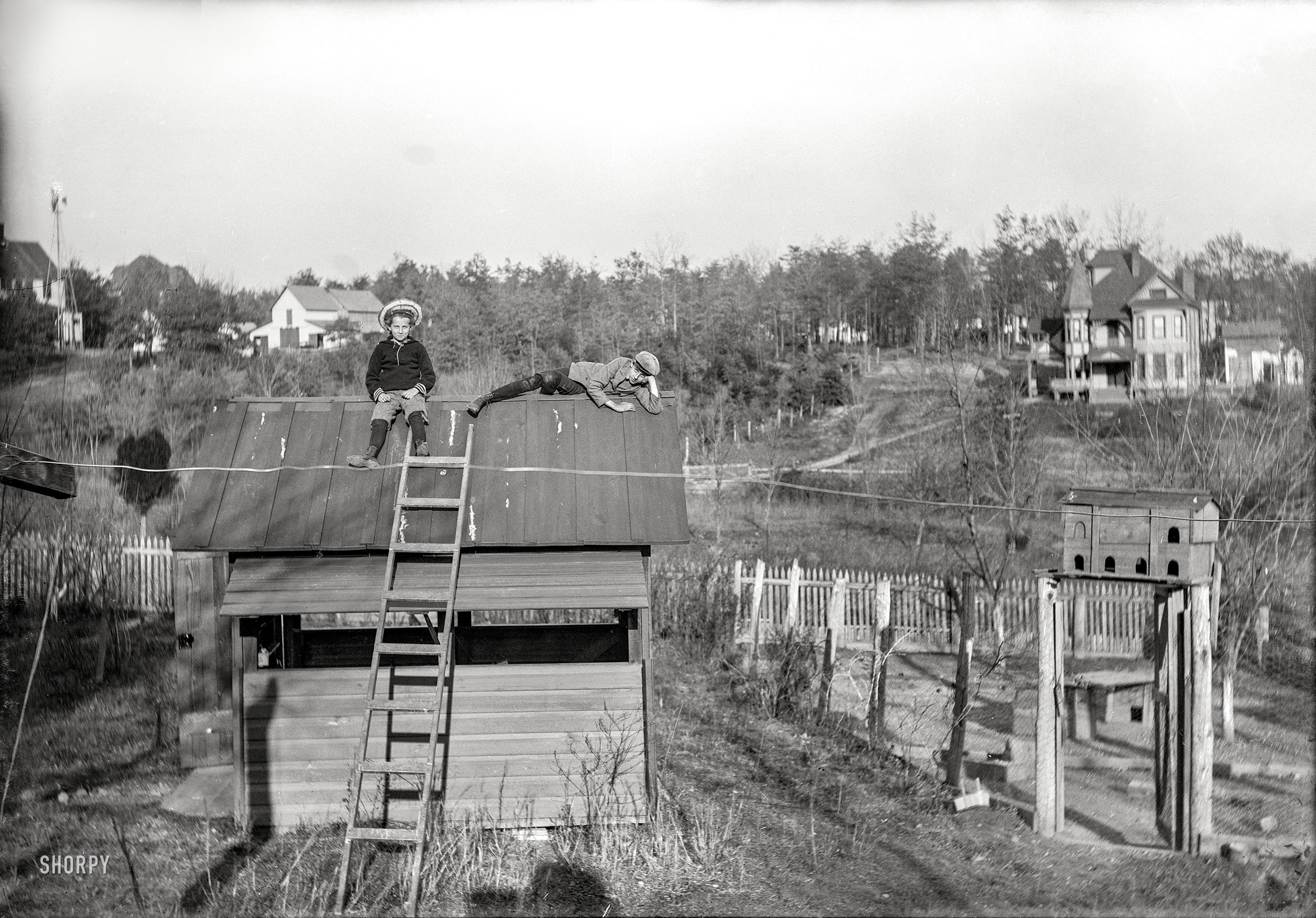 Continuing our visit to Takoma Park, Maryland, circa 1895, we find Helen and Willard Douglas taking their ease Snoopy-style at the family compound, which seems to be equipped with accommodations for poultry as well as laundry. 5x7 glass negative by Edward M. Douglas. View full size.