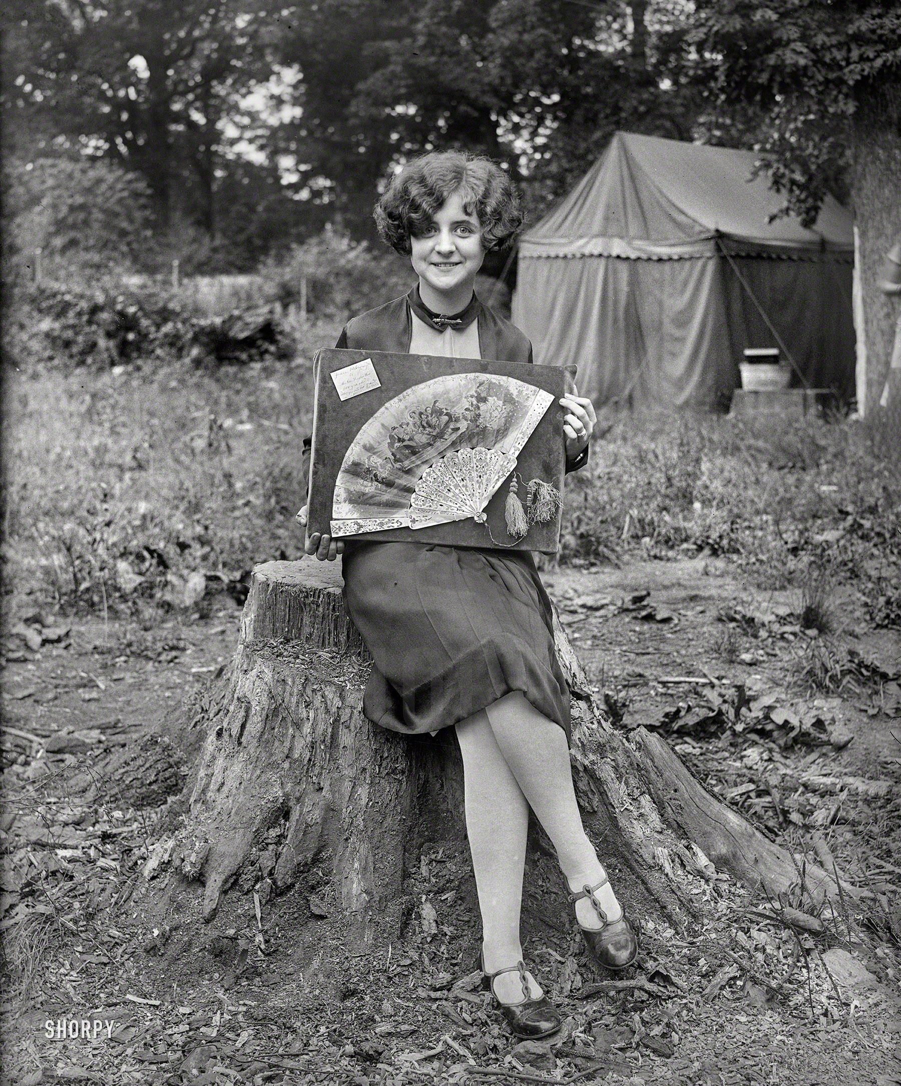 Washington, D.C., or vicinity, 1927. "Woman at campsite with fan display." The card enlarged here. Harris & Ewing Collection glass negative. View full size.