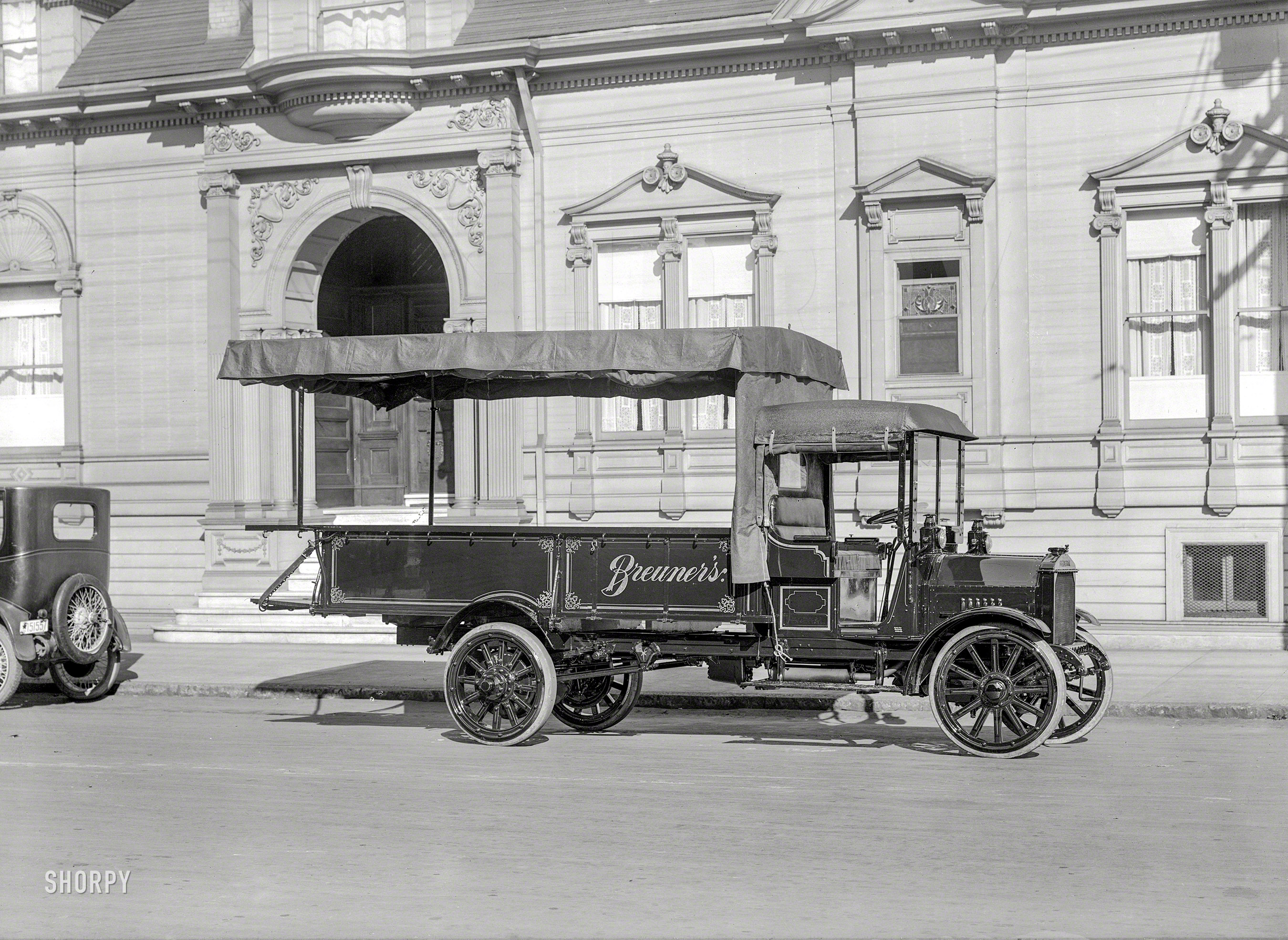 San Francisco, 1919. "Federal truck -- Breuner's van." Delivering the goods for a furniture retailer that got its start in the California Gold Rush, declared bankruptcy in 2004 and reconstituted itself as an online business. View full size.
