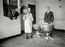 October 1922. New York. "Kopp" is all it says on this glass negative depicting a pair of kettledrums next to what might be a speaker horn or a mega-microphone. Bain News Service. View full size.