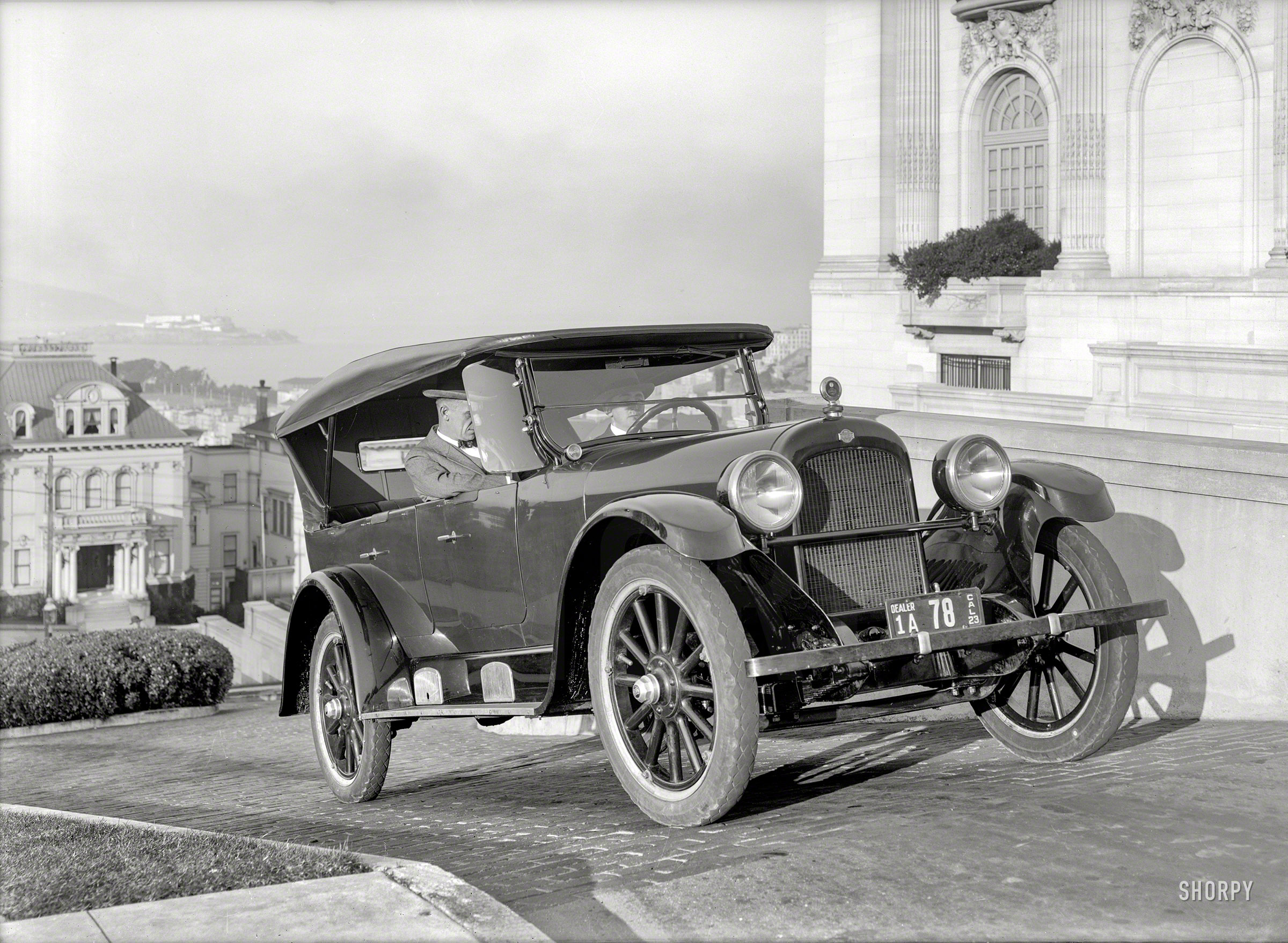 San Francisco, 1923. "Nash sedan at Spreckels Mansion." With Alcatraz in the distance. 5x7 glass negative by Christopher Helin. View full size.