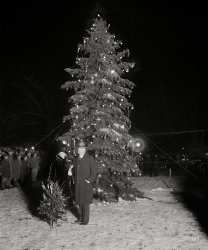 Dec. 24, 1929. "President lights Nation's Capital community Xmas tree. President Hoover pressed the button that set the community Christmas tree of the National Capital ablaze with varied colored lights tonight, Christmas Eve. The Chief Executive was accompanied by Mrs. Hoover while members of the Cabinet and other high officials looked on." Harris & Ewing glass negative. View full size.