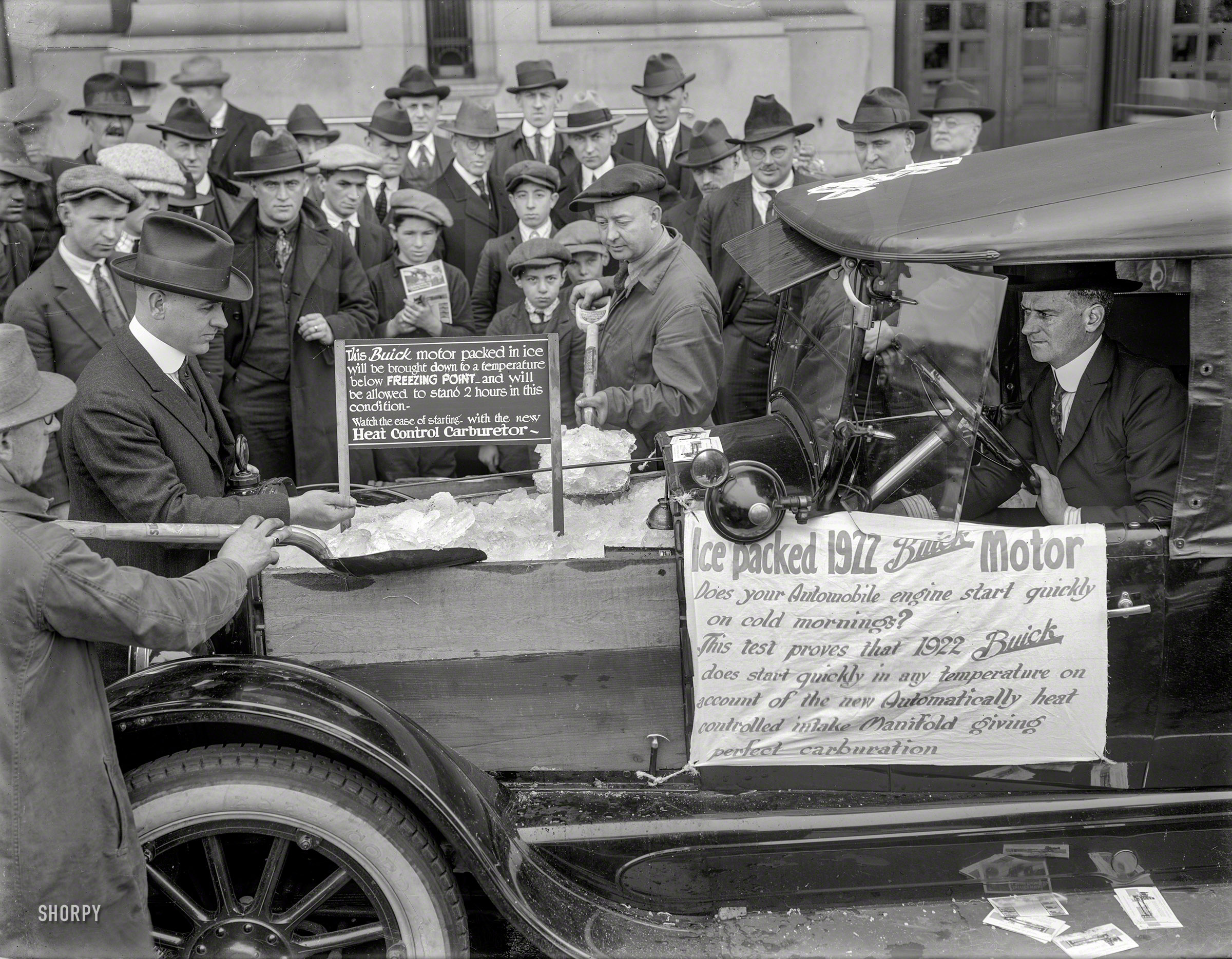San Francisco, 1922. "Ice-packed Buick motor stunt." A demonstration of the "Heat Control Carburetor." 6½ x 8½ inch glass negative. View full size.