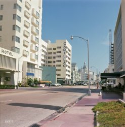 "Collins Avenue, Miami Beach, 1964." Showing further progress in the application of asphalt and cement to this former palm-studded sandbar. Medium format color transparency, photographer unknown. View full size.