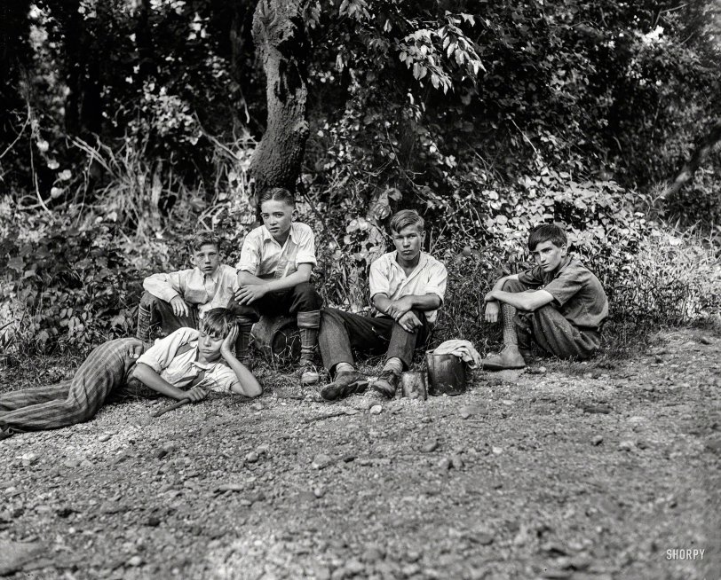 Washington, D.C., or vicinity, circa 1932. "NO CAPTION (Boys camped in woods)." Our third look at these angsty adolescents. Harris &amp; Ewing. View full size.
