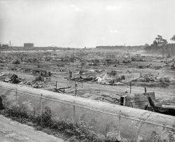 Washington, D.C., 1932. "Vacated 'Bonus Army' camp." Burned-out remnants of the Bonus marchers' camp in Anacostia Flats, with gas holders and what looks like a railroad bridge in the distance. And in the foreground, what we suppose might be conduit for the D.C. aqueduct. Harris & Ewing glass negative. View full size.