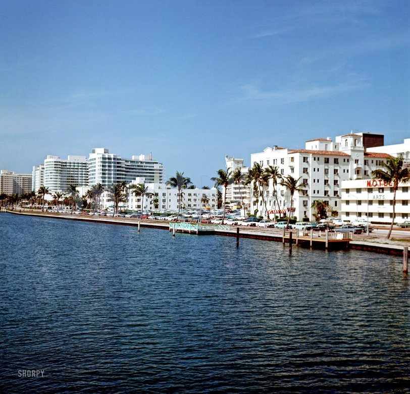 1964. "Miami Beach from Indian Creek." The Fontainebleau Hotel at left. Medium format color transparency, photographer unknown. View full size.
