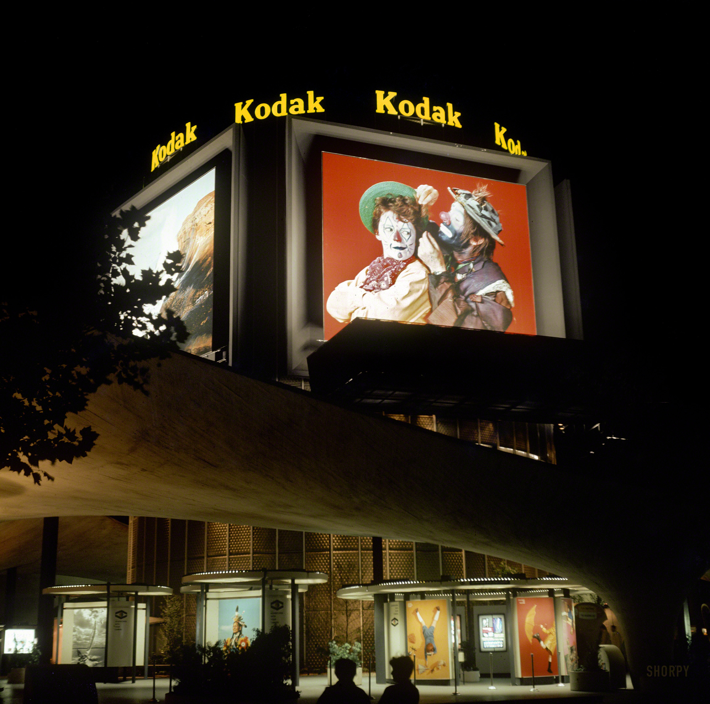 1965. "New York World's Fair -- Kodak Pavilion at night." Medium format color transparency, photographer unknown. View full size.