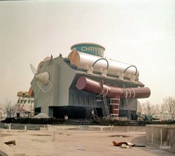 "Chrysler pavilion under construction -- New York World's Fair, 1964." Moldy medium-format Ektachrome, photographer unknown. View full size.