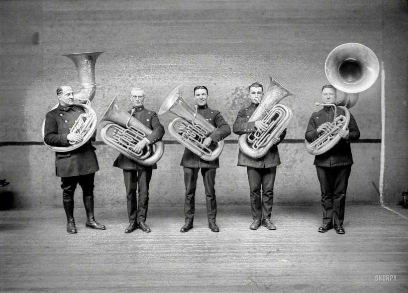 New York circa 1915. "Police tuba players." HALT OR WE'LL TOOT. 5x7 inch glass negative, George Grantham Bain Collection. View full size.
